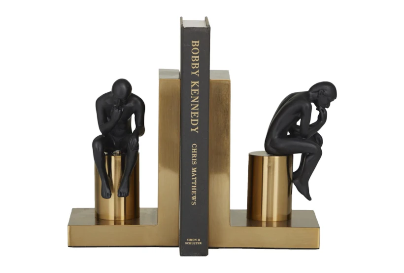7" Black + Gold Metal People Thinker Bookends - 360