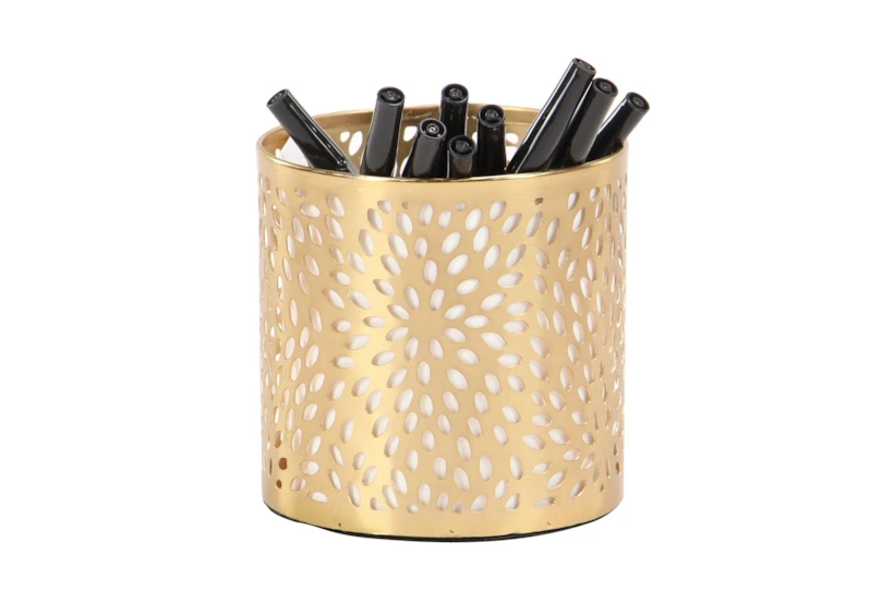 4" Gold Metal Floral Design Pencil Cup - 360