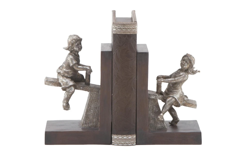 8" Silver + Brown Polystone Split See-Saw Children Bookends