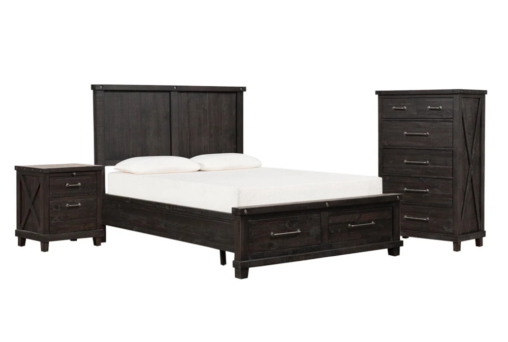 Jaxon Espresso Queen Wood Storage 3 Piece Bedroom Set With Chest & Nightstand