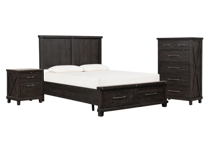 Jaxon Espresso Queen Wood Storage 3 Piece Bedroom Set With Chest & Nightstand - 360