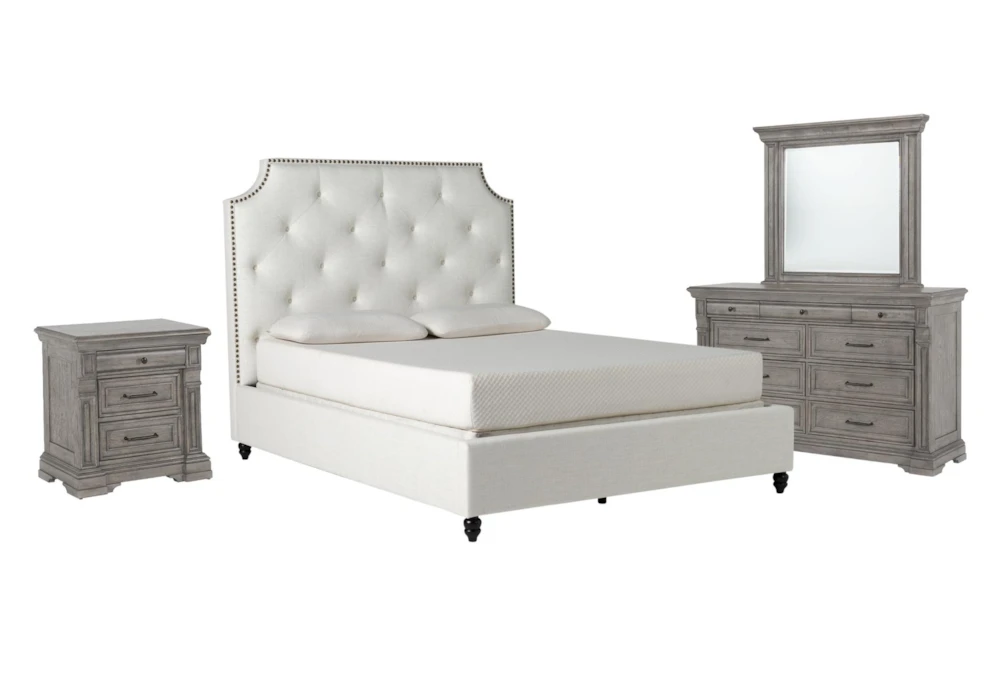 Sophia White II California King Upholstered Panel 4 Piece Bedroom Set With Adriana II Dresser, Mirror & Nightstand