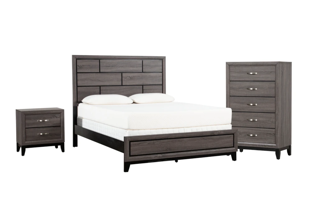 Finley Grey King Wood 3 Piece Bedroom Set With Chest & Nightstand