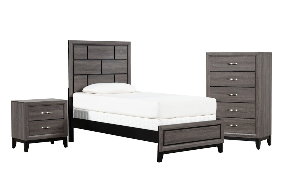 Finley Grey Twin Wood 3 Piece Bedroom Set With Chest & Nightstand