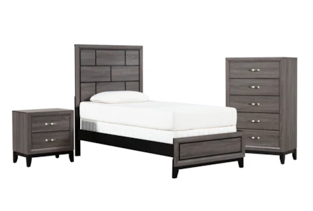 Finley Grey Twin Wood 3 Piece Bedroom Set With Chest & Nightstand - Main