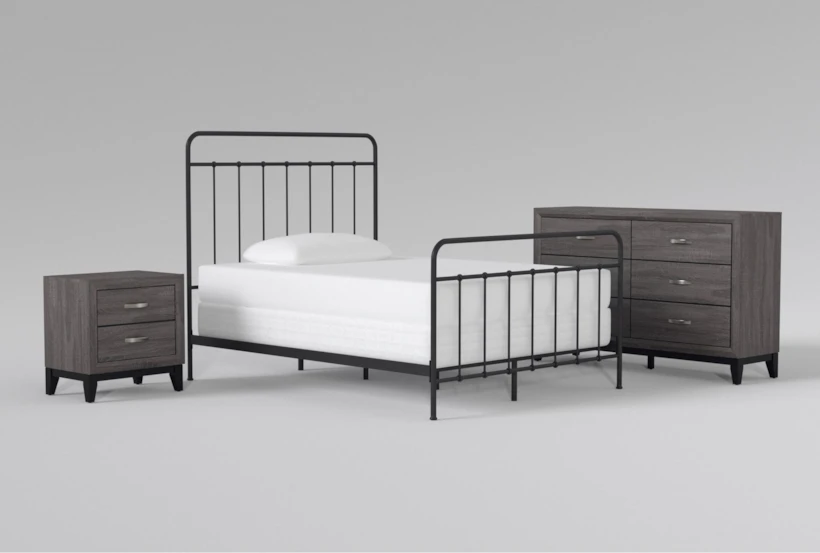 Kyrie Black Full Metal Panel 3 Piece Bedroom Set With Finley Grey II Dresser & Nightstand - 360