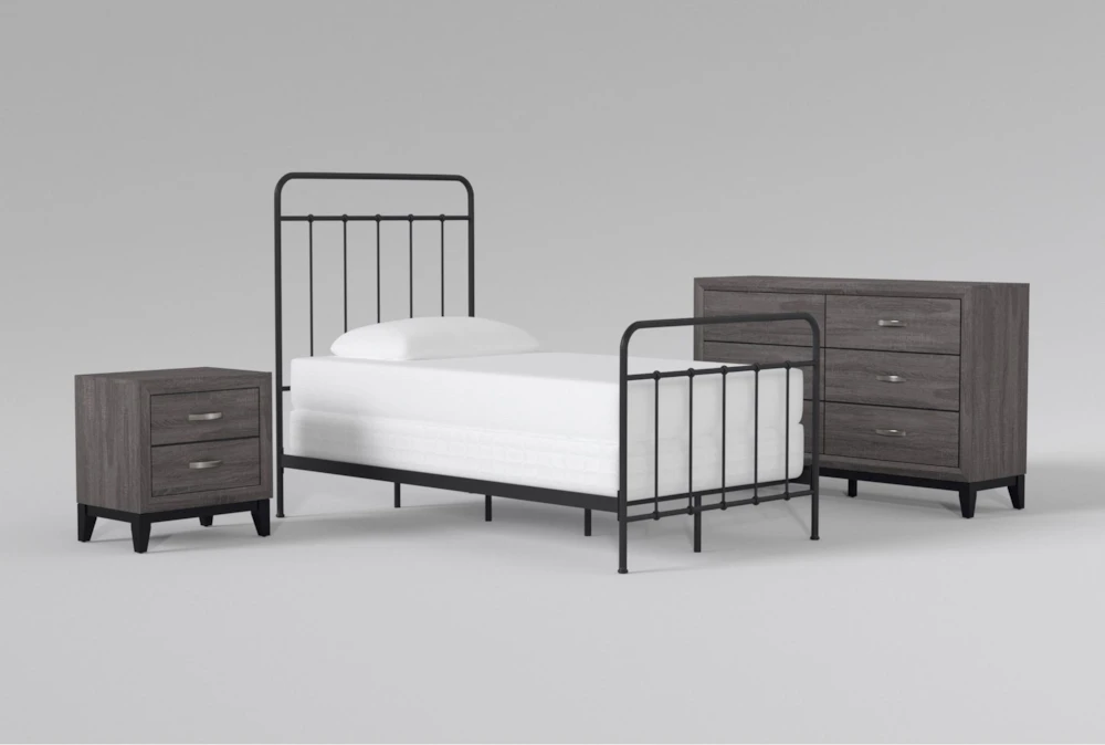 Kyrie Black Twin Metal Panel 3 Piece Bedroom Set With Finley Grey II Dresser & Nightstand