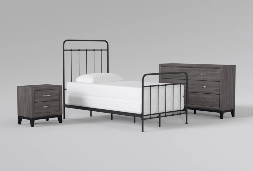 Kyrie Black Twin Metal Panel 3 Piece Bedroom Set With Finley Grey II Dresser & Nightstand - 360
