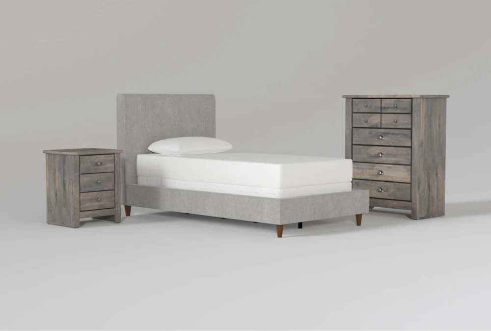 Dean Charcoal Twin Upholstered Panel 3 Piece Bedroom Set With Summit Grey II Chest Of Drawers & Nightstand