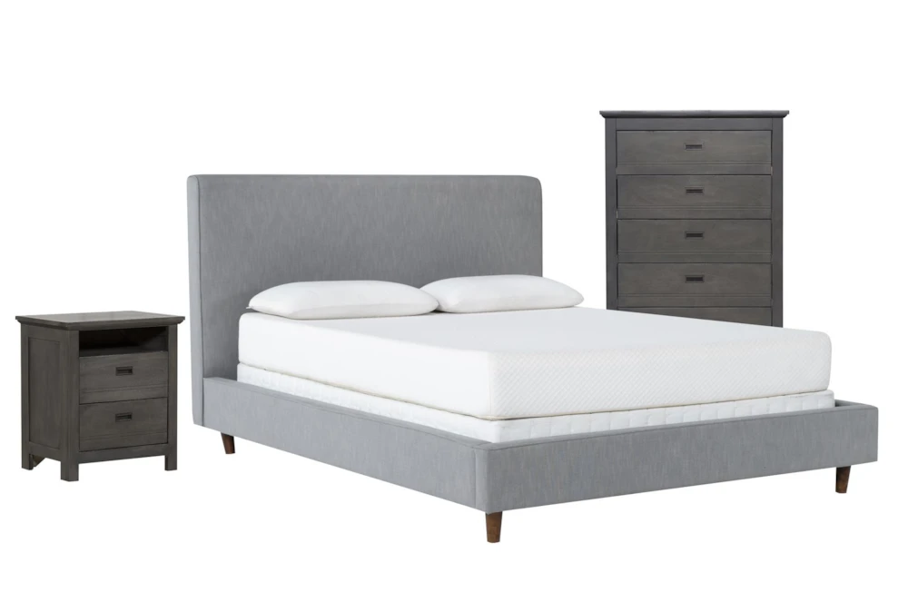 Dean Charcoal Full Upholstered Panel 3 Piece Bedroom Set With Owen Grey II Chest Of Drawers & Nightstand