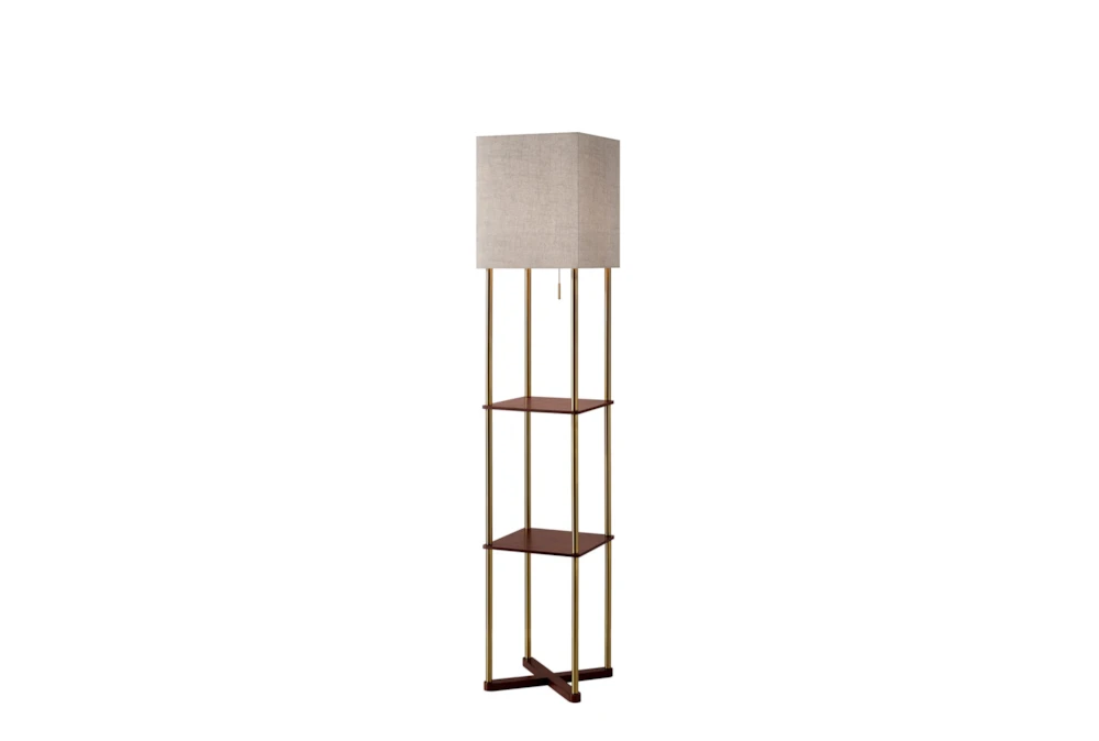 63" Antique Brass + Walnut Wood 2 Tier Shelf Floor Lamp With Usb