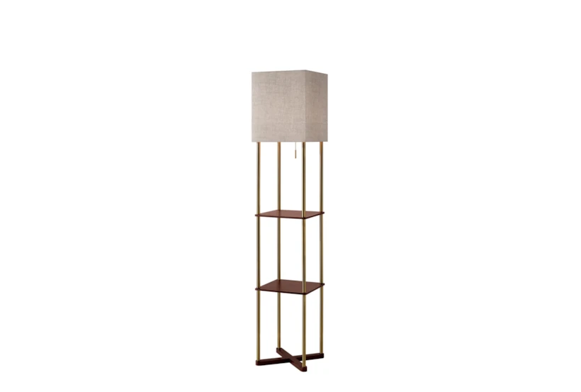 63" Antique Brass + Walnut Wood 2 Tier Shelf Floor Lamp With Usb - 360