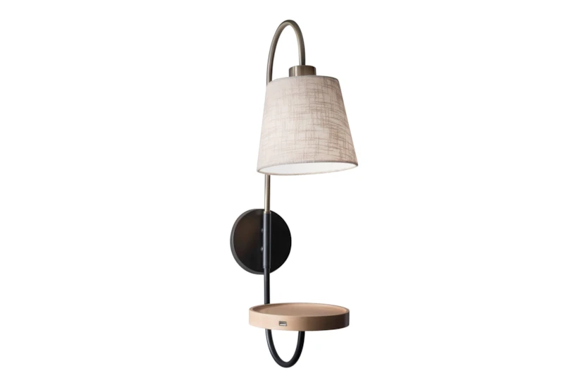 25" Matte Black, Brass + Natural Wood Hardwired or Plug-In Wall Sconce Lamp With Tray + USB - 360