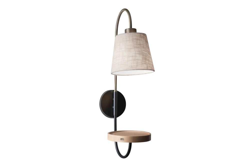 25" Matte Black, Brass + Natural Wood Hardwired or Plug-In Wall Sconce Lamp With Tray + USB