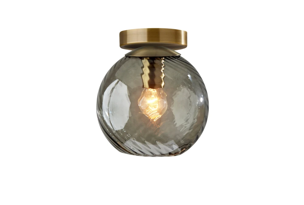 9" Antique Brass + Swirled Smoke Glass Flush Mount Light Fixture With Compatible Wall Dimmers