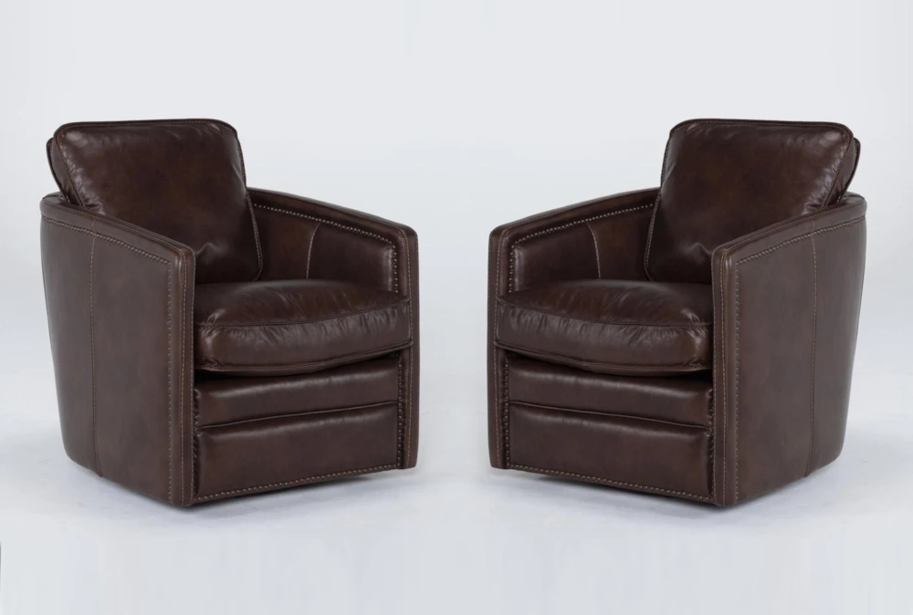 Churchill Espresso Leather Swivel Barrel Arm Chair, Set of 2