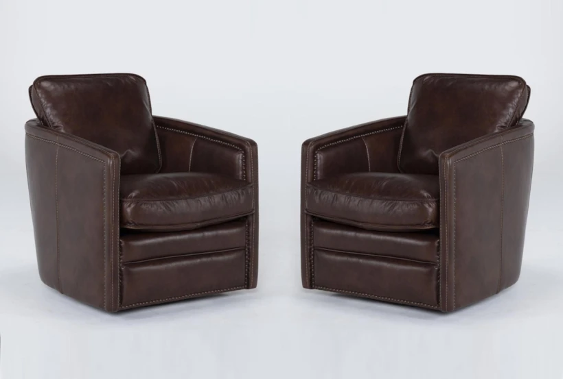 Churchill Espresso Leather Swivel Barrel Arm Chair, Set of 2 - 360