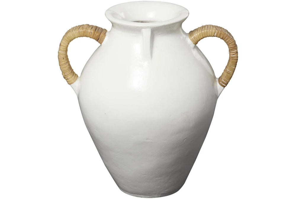 19" White Ceramic Amphora Vase With Rattan Wrap Detail
