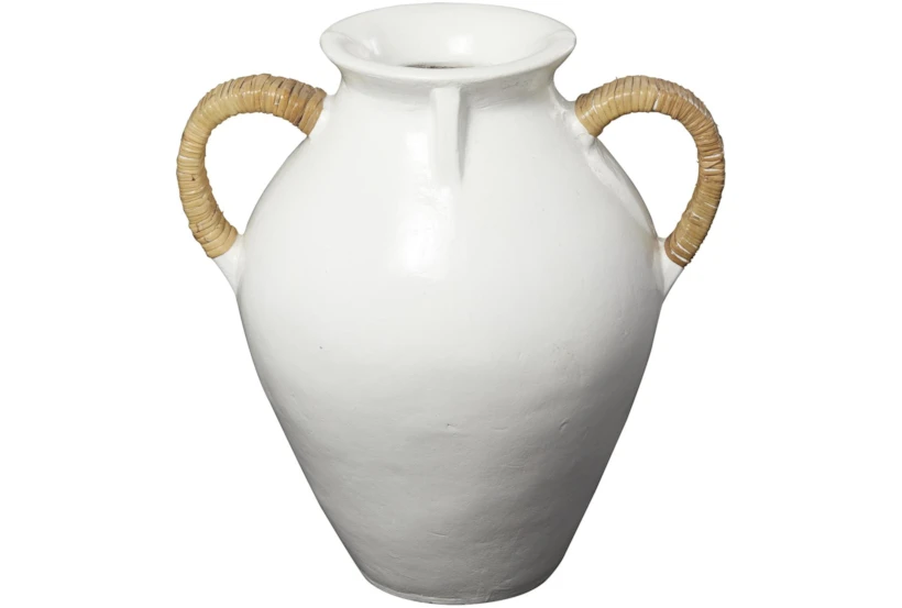 19" White Ceramic Amphora Vase With Rattan Wrap Detail - 360