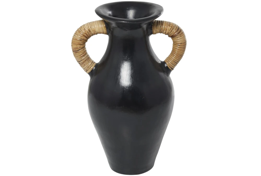 21" Black Ceramic Amphora Vase With Rattan Wrap Detail