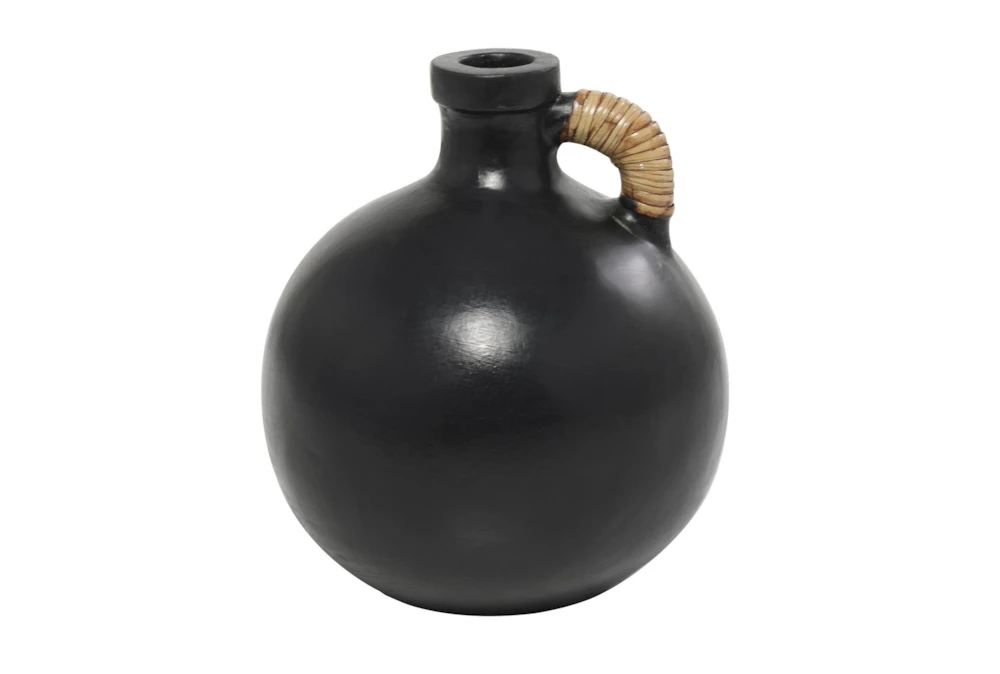 11" Black Ceramic Jug Vase With Rattan Wrap Detail