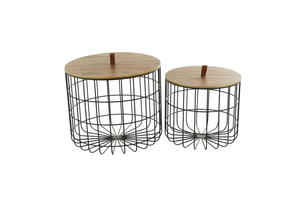 17" + 20" Brown Metal Grid + Wood Lid Storage Baskets