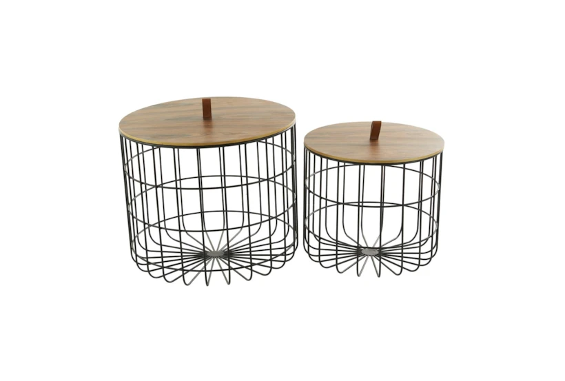17" + 20" Brown Metal Grid + Wood Lid Storage Baskets - 360