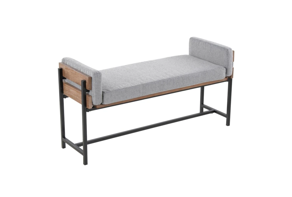 45" Farmhouse Bench With Grey Upholstered Seating, Wood Frame + Black Metal Legs