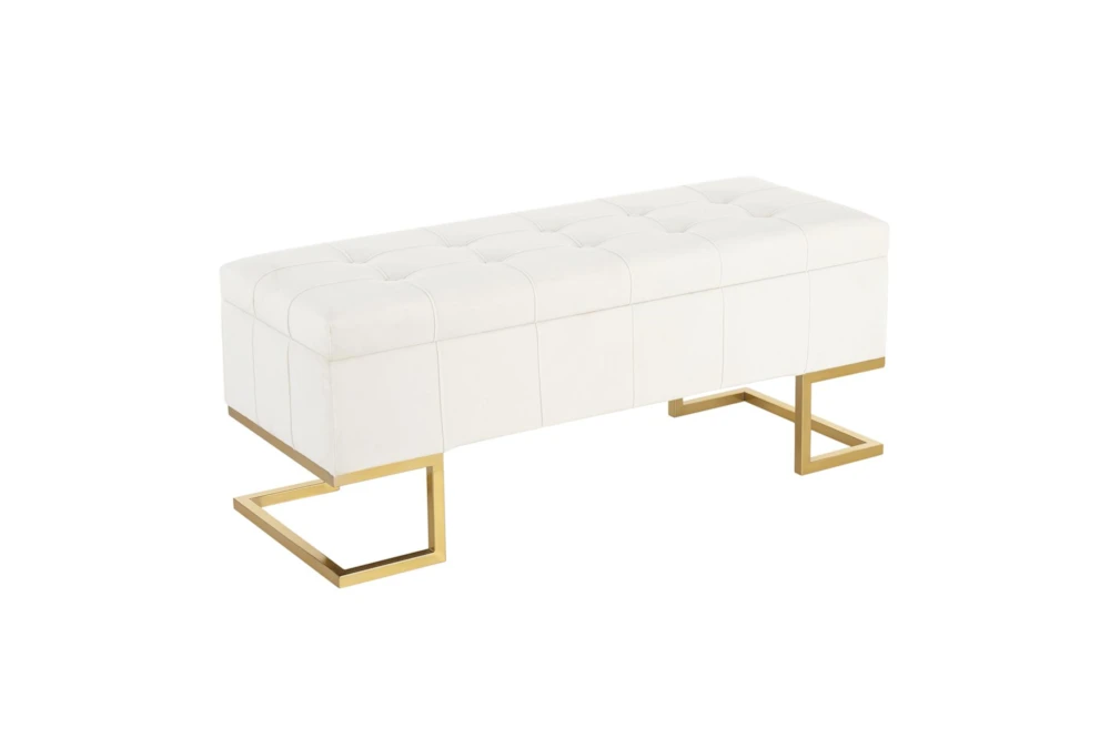 41" Modern White Velvet Storage Bench With Gold Steel Legs