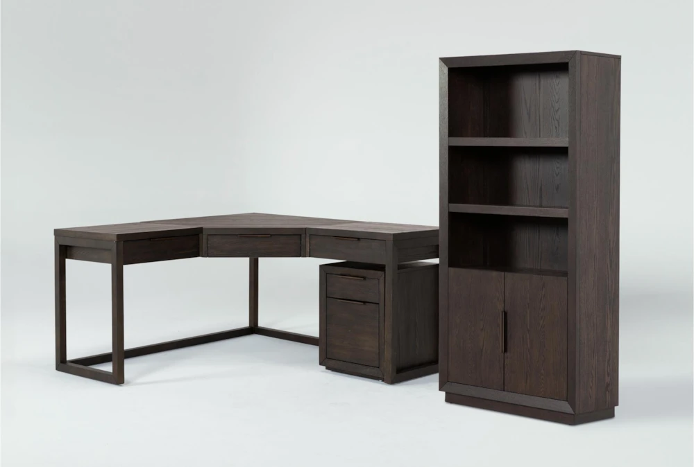 Pierce Espresso 3 Piece Set With L-Shaped Desk, 76" Bookcase + Filing Cabinet