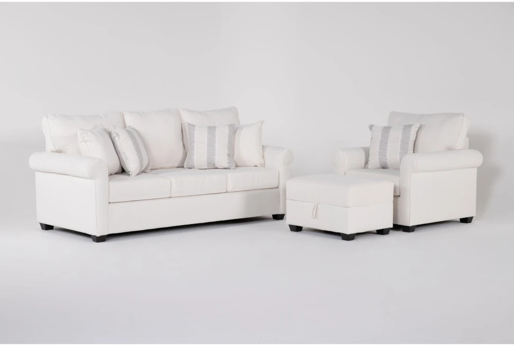 Amora Ivory 3 Piece Sofa, Chair & Ottoman Set