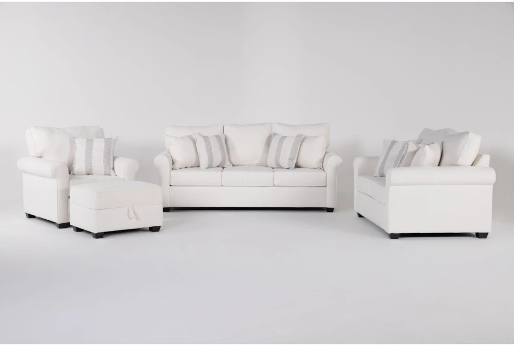 Amora Ivory 4 Piece Sofa, Loveseat, Chair & Ottoman Set