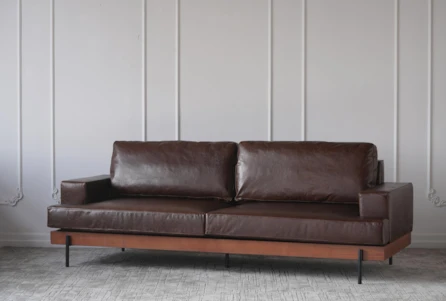 Saddle Brown Leather + Ash Base Sofa With Iron Legs - Main