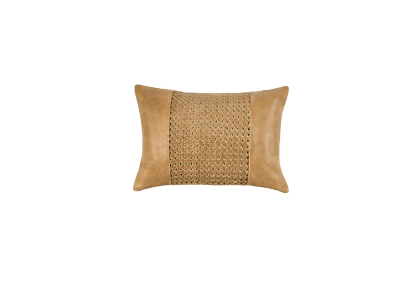 14X20 Brown Leather Woven And Pieced Lumbar Throw Pillow - 360