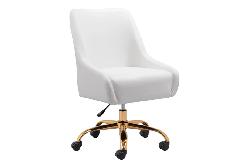 Mckenna White Faux Leather & Gold Base Rolling Office Desk Chair - 360