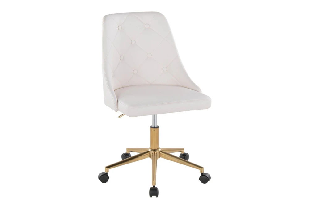 Mari White Faux Leather Rolling Office Desk Chair With Gold Metal Base