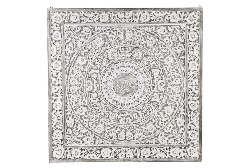 65X65 White Wash Wood Intricate Carved Floral Mandala Wall Décor
