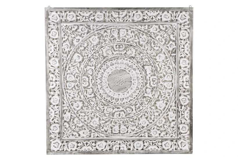 65X65 White Wash Wood Intricate Carved Floral Mandala Wall Décor - 360