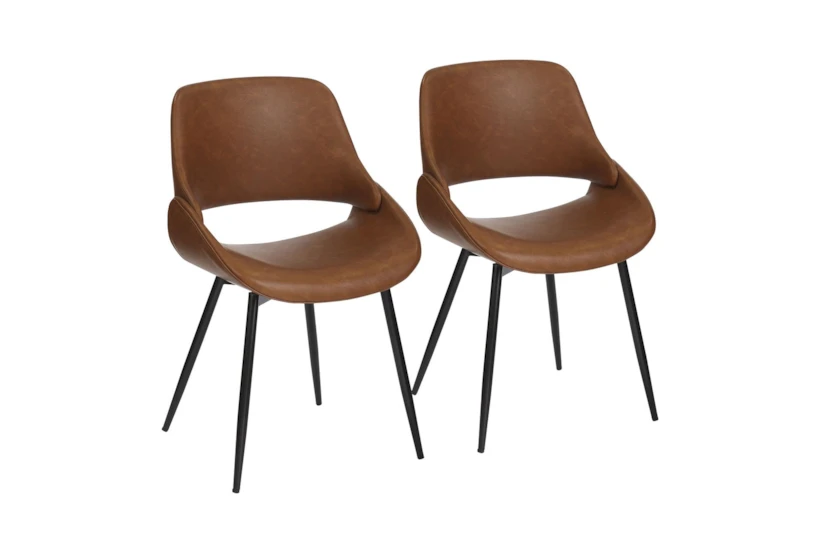 Mid-Century Modern Dining Chair In Black Metal And Camel Faux Leather Set Of 2 - 360