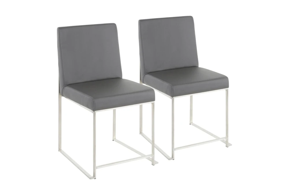 Ian High Back Modern Dining Chair In Stainless Steel And Grey Faux Leather Set Of 2