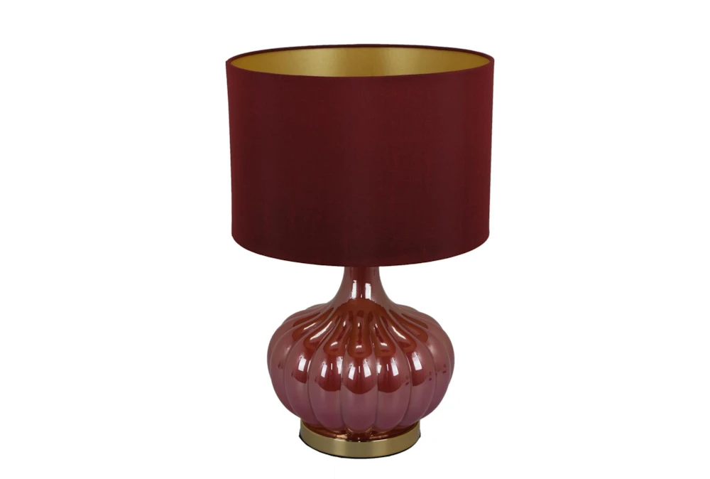 18" Red Iridescent Channeled Genie Glass Table Lamp With Red Velvet Shade