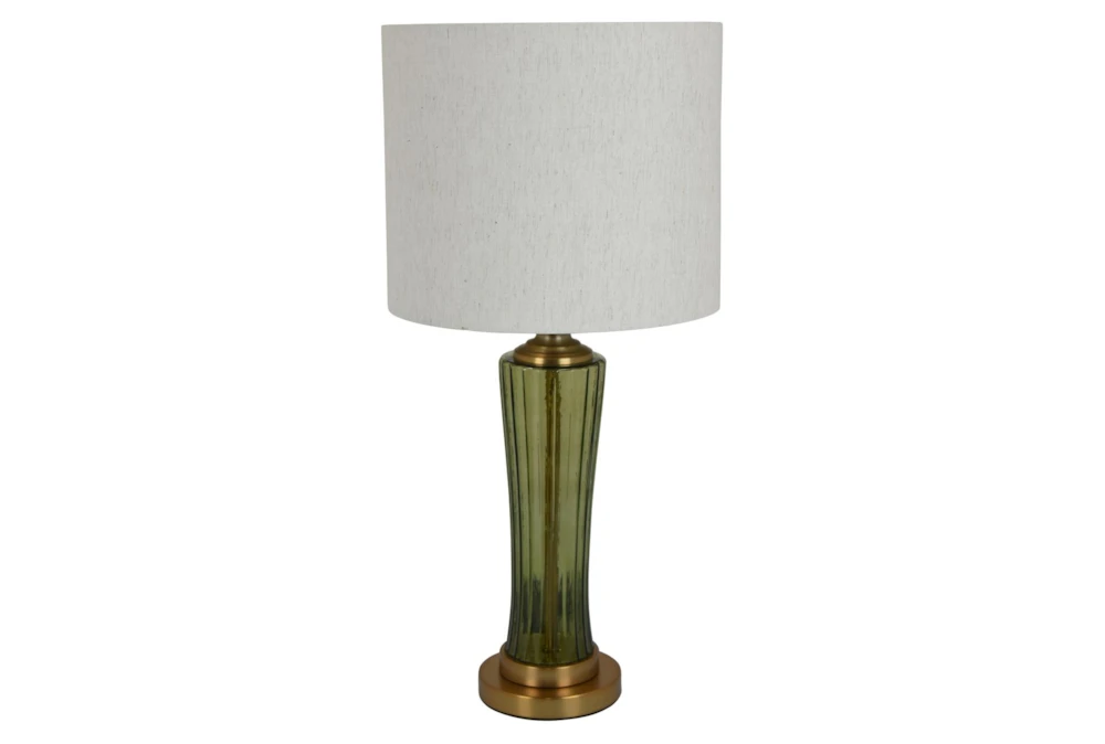 25" Green Fluted Glass + Antique Brass Table Lamp With Textured Shade