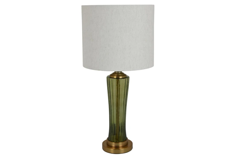 25" Green Fluted Glass + Antique Brass Table Lamp With Textured Shade - 360