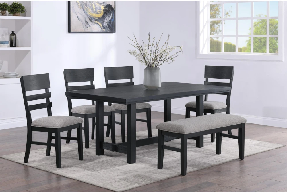 Gunther 72" Black Dining With Bench + Chair Set For 6