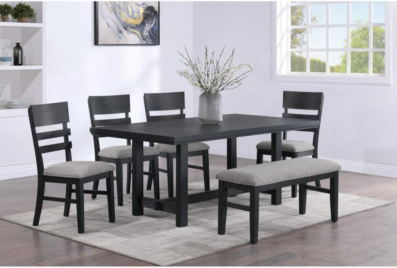 Gunther 72" Black Dining With Bench + Chair Set For 6 - 360