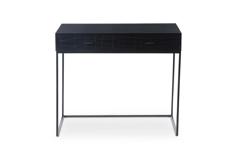36" Modern Black Carved Front Mini Writing Desk With 2 Drawers
