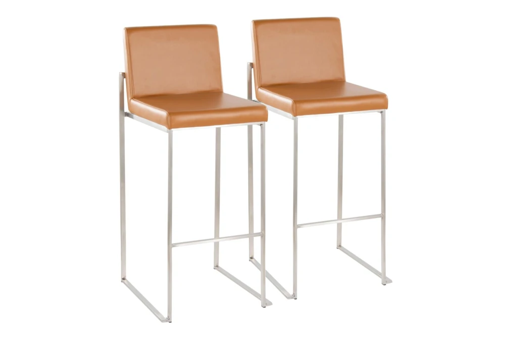 Ian High Back Barstool In Stainless Steel And Camel Faux Leather Set Of 2