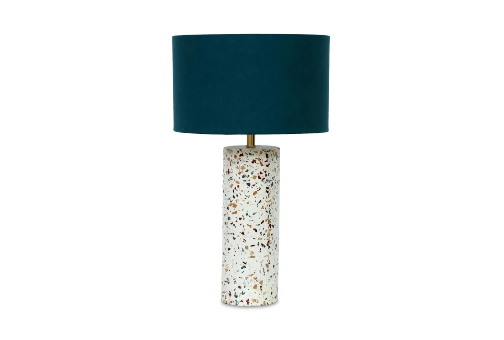 20" Multicolor Terrazzo Cylinder And Blue Shade Table Lamp