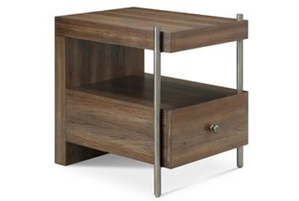 Modern 20" Brown Wood + Metal 1 Drawer End Table