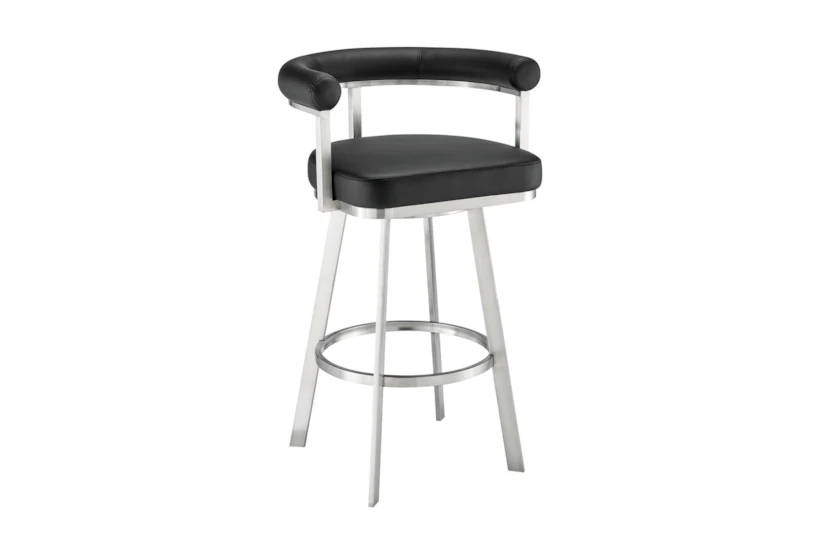 Adelaide 26" Swivel Counter Stool In Brushed Stainless Steel With Black Faux Leather - 360